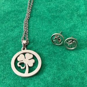 Stainless Steel Clover Necklace and Post Back Earrings Set - Silver